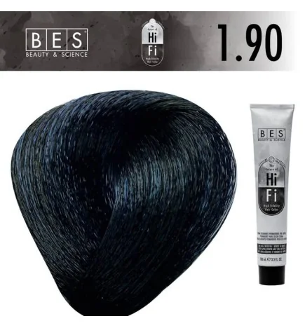 Tinte permanente para el cabello HI-FI 1.90 Negro Azul tono profesional negro azulado 100 ml.